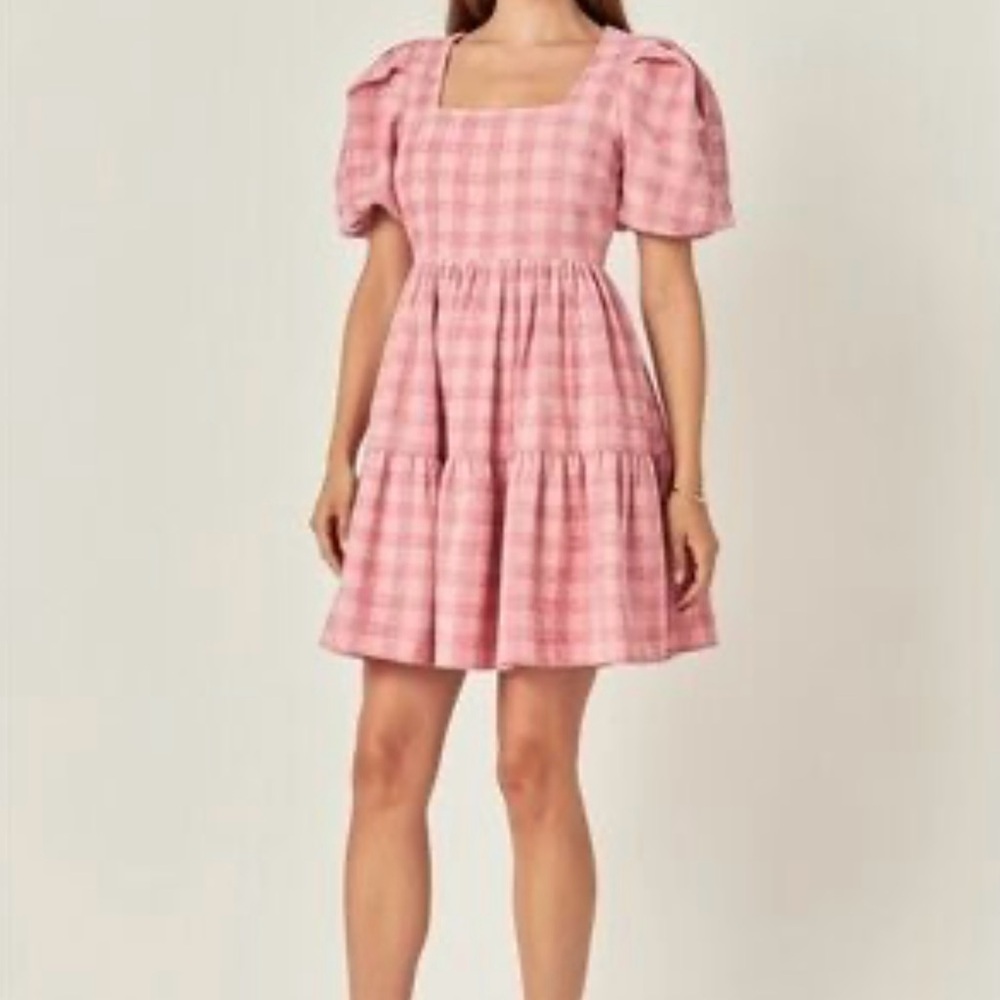 English Factory Pink Gingham Puff Sleeve Dress 2x